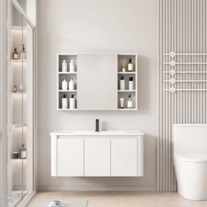 Ensemble Meuble de Salle de Bain Familial Suspendu aux Bords Arrondis avec Grande Armoire de Toilette Symétrique - 100 cm (Blanc)