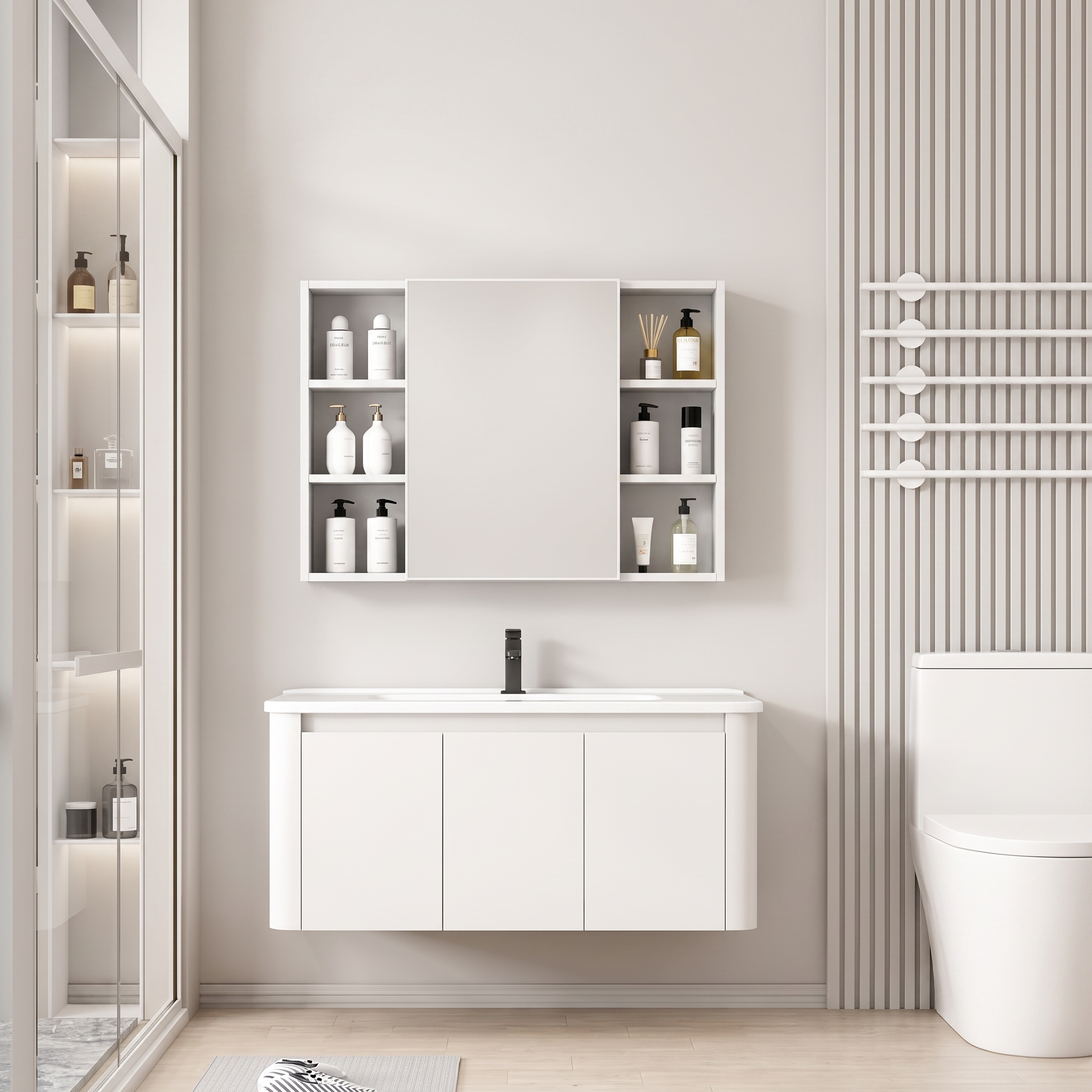 Pack Ensemble Meuble de Salle de Bain Familial Suspendu aux Bords Arrondis avec Grande Armoire de Toilette Symétrique - 100 cm (Blanc)