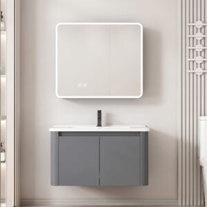 Ensemble Meuble de Salle de Bain Suspendu aux Bords Arrondis avec Armoire de Toilette Miroir LED Double Porte - 80 cm (Gris Foncé / Anthracite
