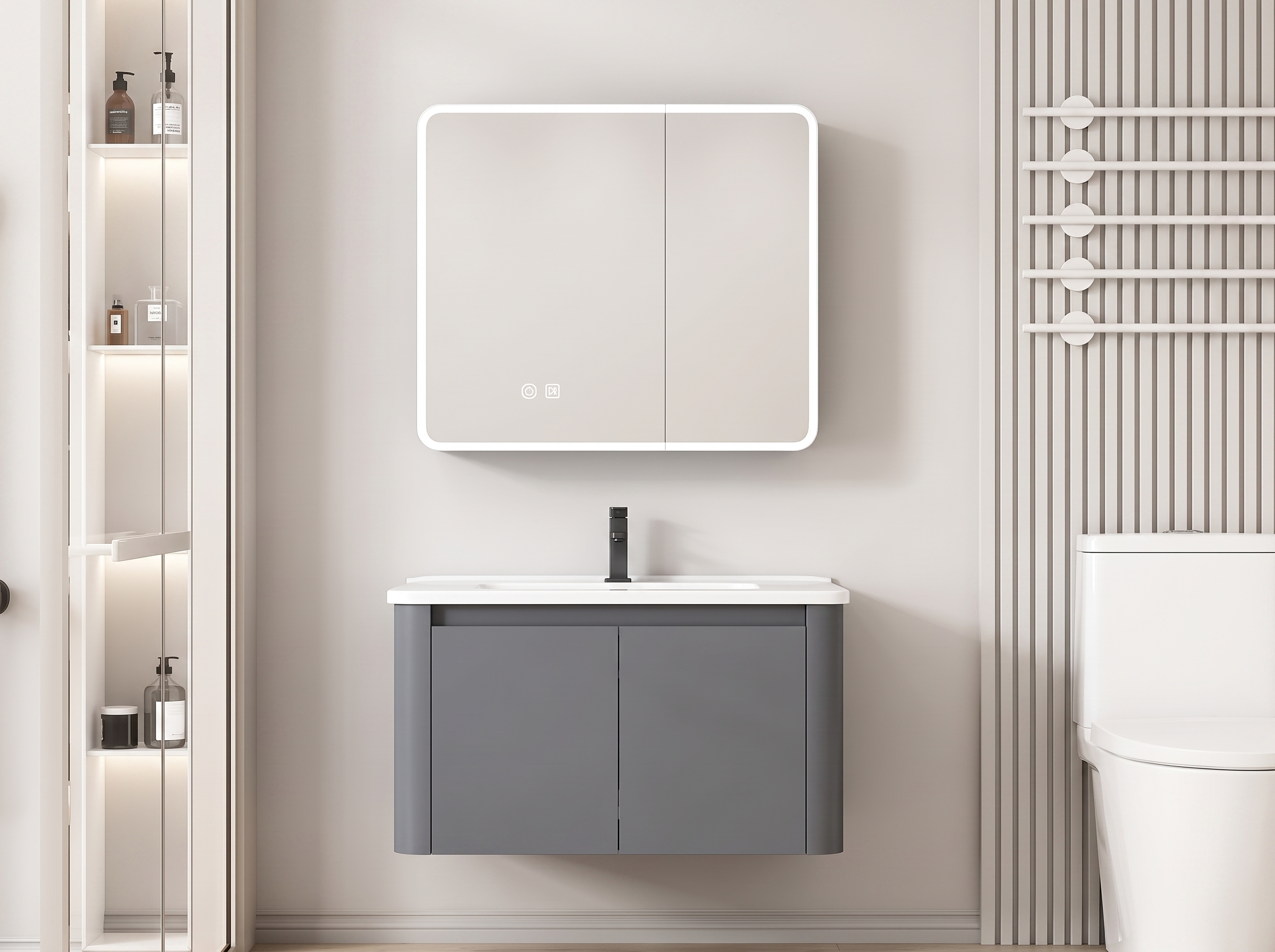 Pack Ensemble Meuble de Salle de Bain Suspendu aux Bords Arrondis avec Armoire de Toilette Miroir LED Double Porte - 80 cm (Gris Foncé / Anthracite