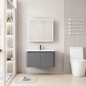 Ensemble Meuble de Salle de Bain Suspendu aux Bords Arrondis avec Armoire de Toilette Miroir LED Double Porte - 60 cm (Gris Foncé / Anthracite)