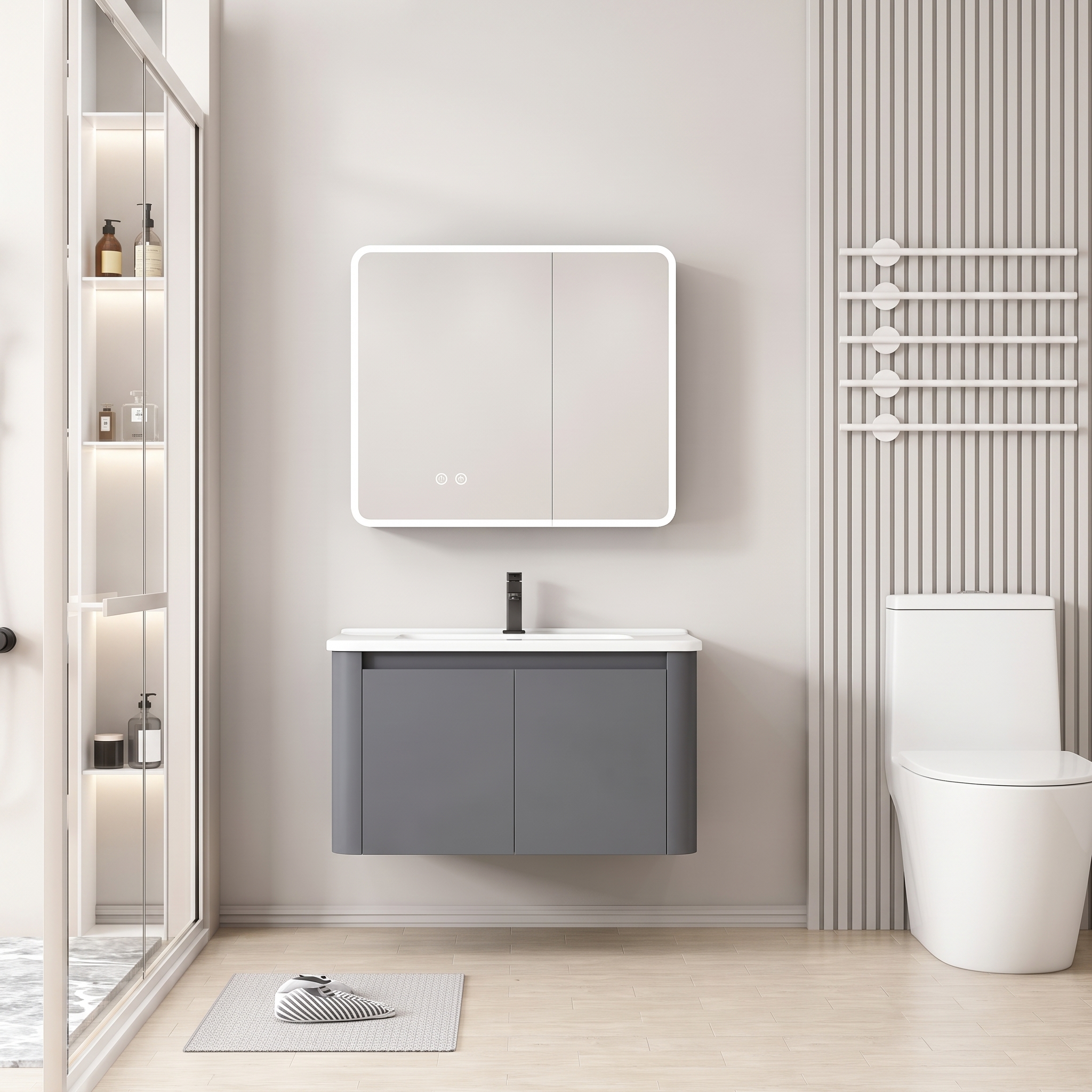 Pack Ensemble Meuble de Salle de Bain Suspendu aux Bords Arrondis avec Armoire de Toilette Miroir LED Double Porte - 60 cm (Gris Foncé / Anthracite)