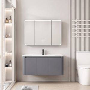Ensemble Meuble de Salle de Bain Familial Suspendu aux Bords Arrondis avec Grande Armoire de Toilette Miroir LED à Trois Portes - 100 cm (Gris Foncé / Anthracite)