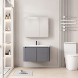 Ensemble Meuble de Salle de Bain Compact Suspendu aux Bords Arrondis avec Armoire de Toilette à Bandeau LED - 70 cm (Gris Foncé / Anthracite)