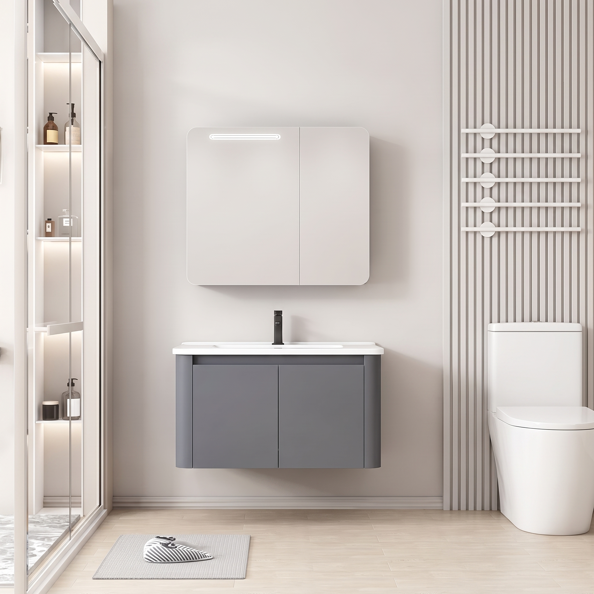 Pack Ensemble Meuble de Salle de Bain Compact Suspendu aux Bords Arrondis avec Armoire de Toilette à Bandeau LED - 60 cm (Gris Foncé / Anthracite)