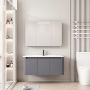 Ensemble Meuble de Salle de Bain Familial Suspendu aux Bords Arrondis avec Grande Armoire de Toilette à Bandeau LED à Trois Portes - 100 cm (Gris Foncé / Anthracite)