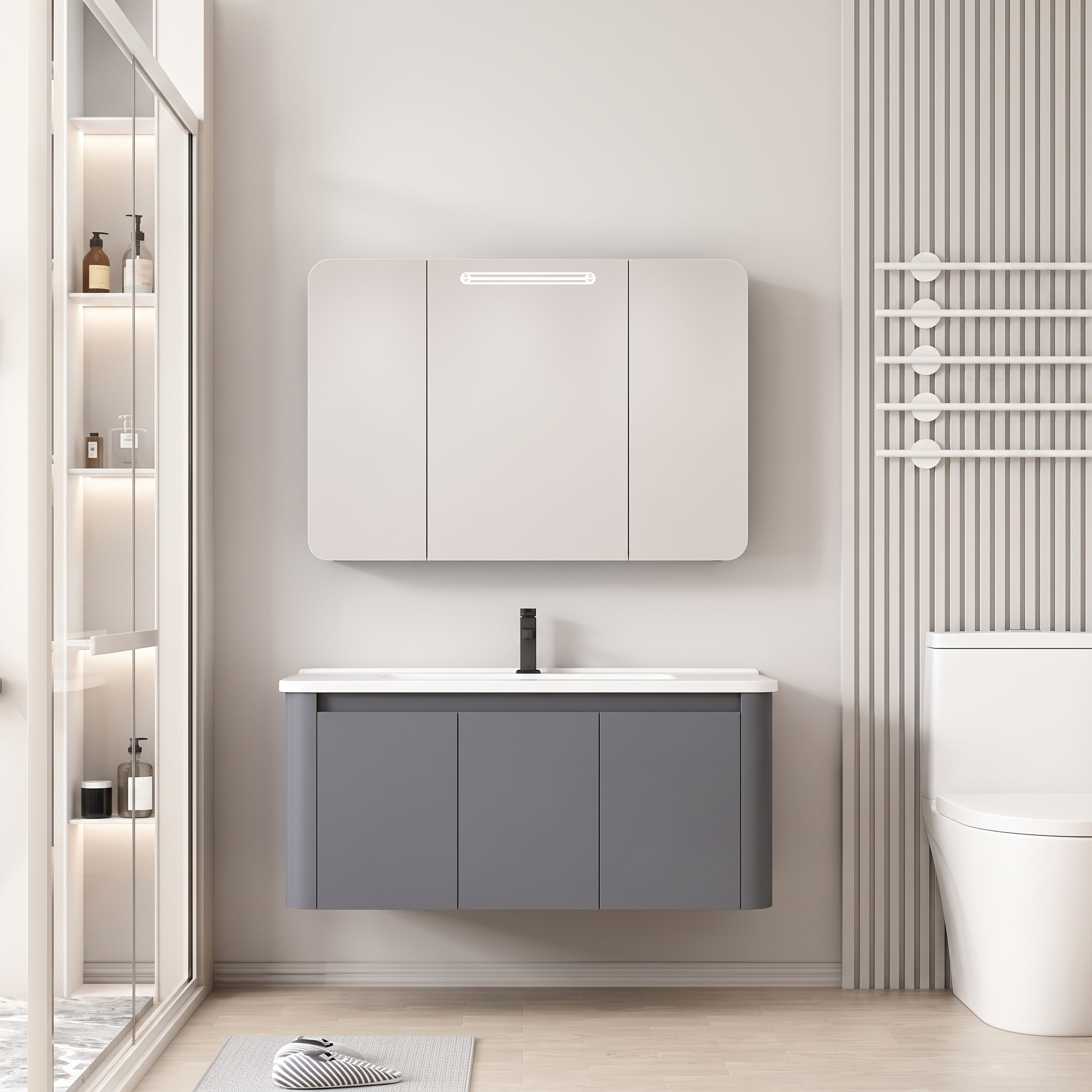 Pack Ensemble Meuble de Salle de Bain Familial Suspendu aux Bords Arrondis avec Grande Armoire de Toilette à Bandeau LED à Trois Portes - 100 cm (Gris Foncé / Anthracite)