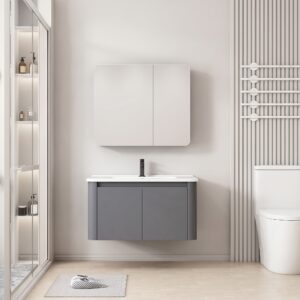 Ensemble Meuble de Salle de Bain Suspendu aux Bords Arrondis avec Armoire de Toilette Miroir Double Porte - 80 cm (Gris Foncé / Anthracite)