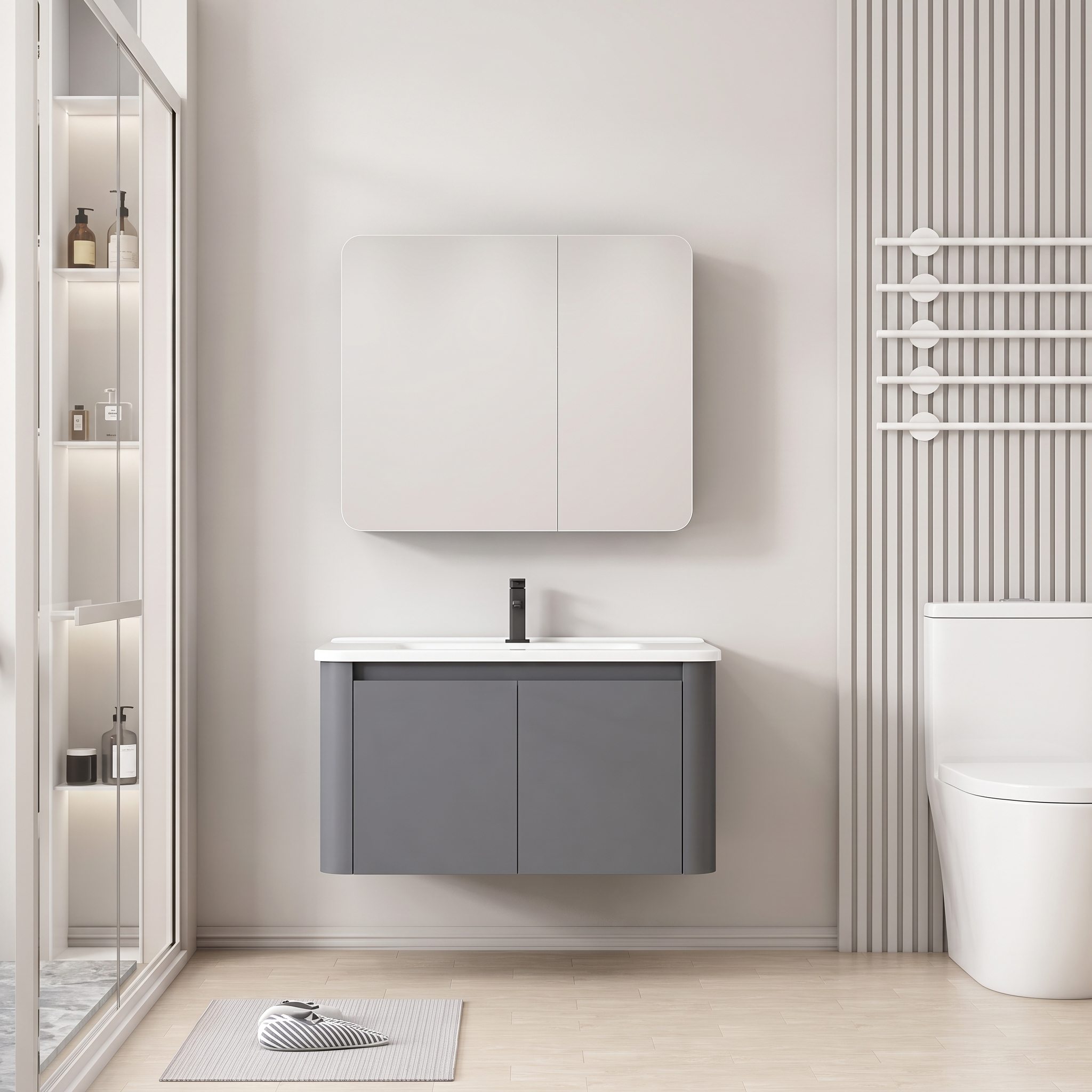 Pack Ensemble Meuble de Salle de Bain Compact Suspendu aux Bords Arrondis avec Armoire de Toilette Miroir - 60 cm (Gris Foncé / Anthracite)