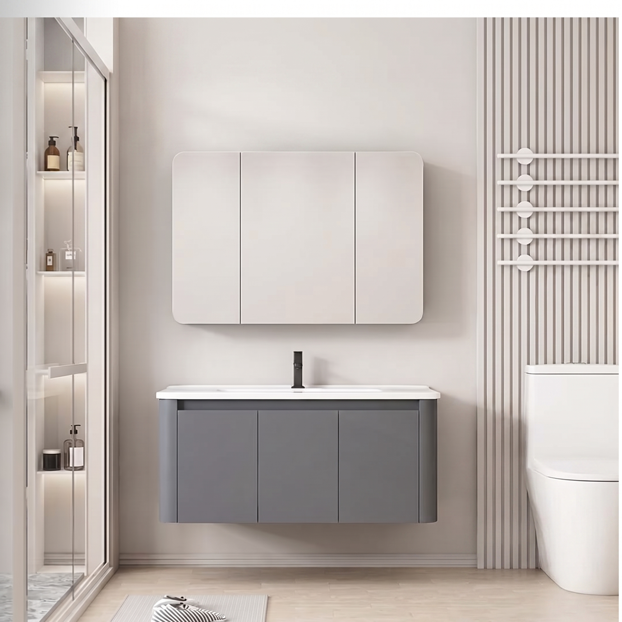 Pack Ensemble Meuble de Salle de Bain Familial Suspendu aux Bords Arrondis avec Grande Armoire de Toilette à Trois Portes - 100 cm (Gris Foncé / Anthracite)