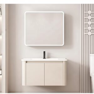Ensemble Meuble de Salle de Bain Suspendu aux Bords Arrondis avec Miroir Lumineux LED Rectangulaire - 80 cm (Beige)