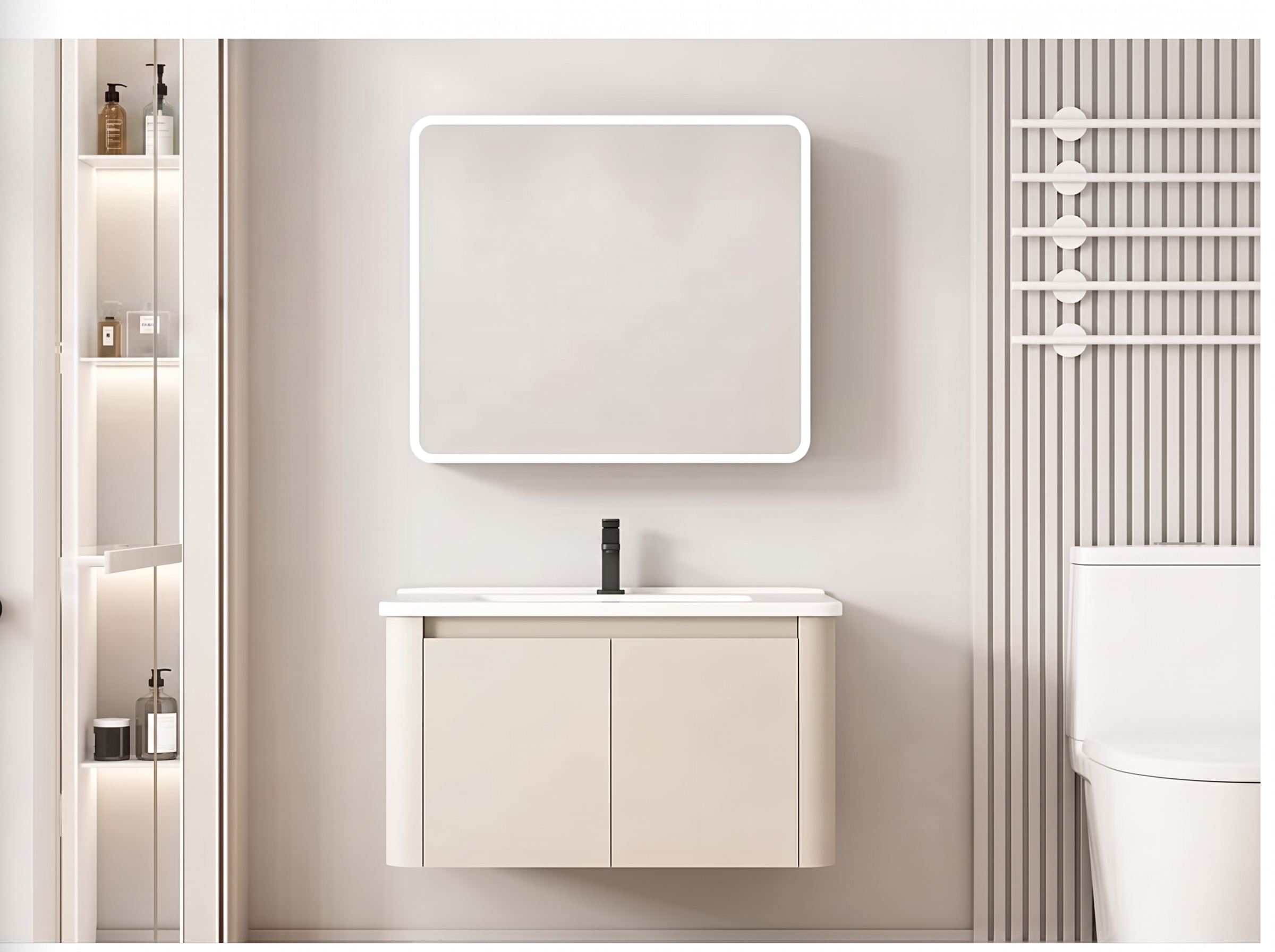 Pack Ensemble Meuble de Salle de Bain Suspendu aux Bords Arrondis avec Miroir Lumineux LED Rectangulaire - 80 cm (Beige)