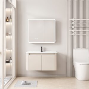 Ensemble Meuble de Salle de Bain Suspendu aux Bords Arrondis avec Armoire de Toilette Miroir LED Asymétrique - 80 cm (Beige)