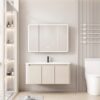 Pack Ensemble Meuble de Salle de Bain Familial Suspendu aux Bords Arrondis avec Grande Armoire de Toilette Miroir LED à Trois Portes - 100 cm (Beige)