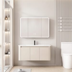 Ensemble Meuble de Salle de Bain Familial Suspendu aux Bords Arrondis avec Grande Armoire de Toilette Miroir LED à Trois Portes - 90 cm (Beige)