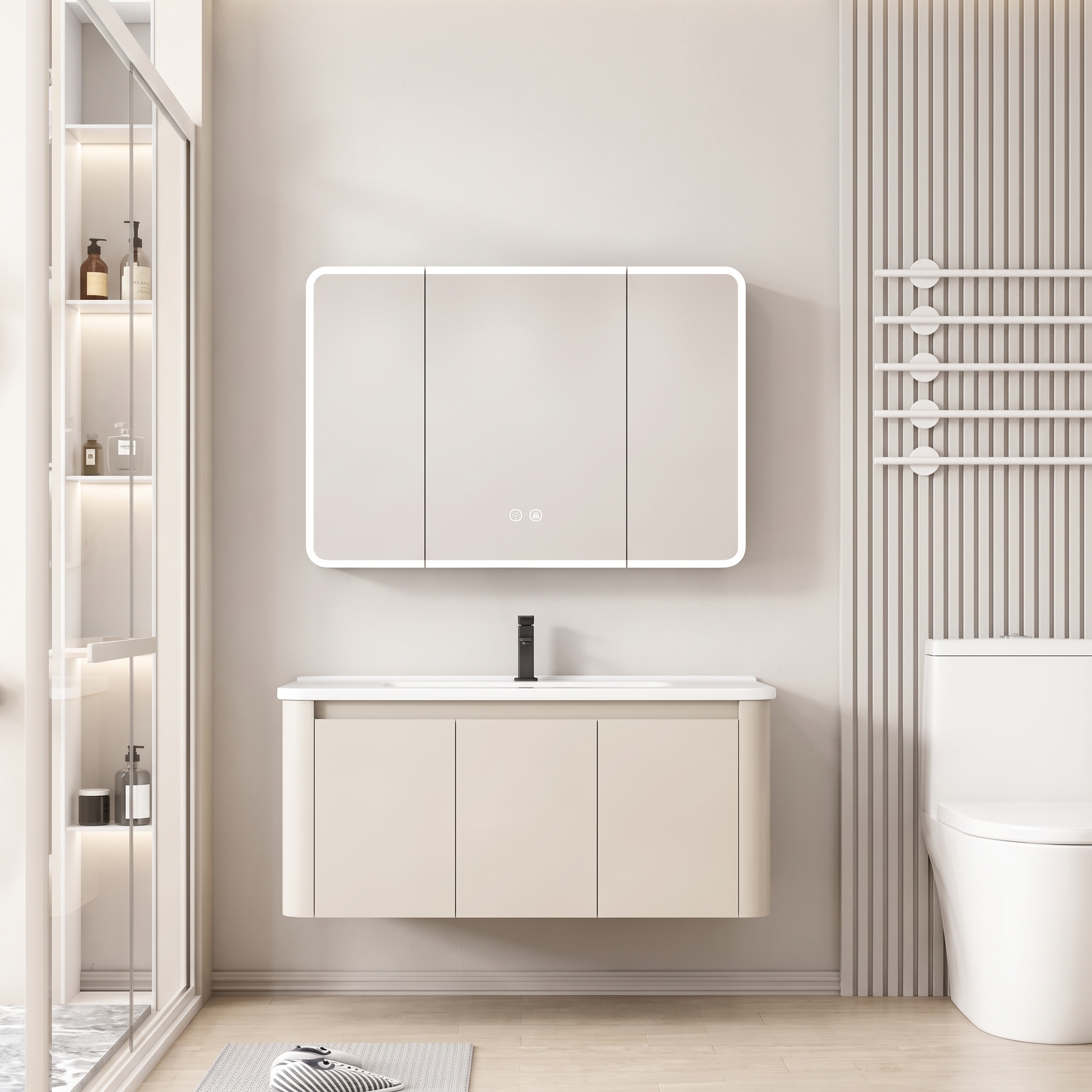 Pack Ensemble Meuble de Salle de Bain Familial Suspendu aux Bords Arrondis avec Grande Armoire de Toilette Miroir LED à Trois Portes - 90 cm (Beige)