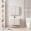 Pack Ensemble Meuble de Salle de Bain Suspendu aux Bords Arrondis avec Armoire de Toilette à Bandeau LED - 80 cm (Beige)