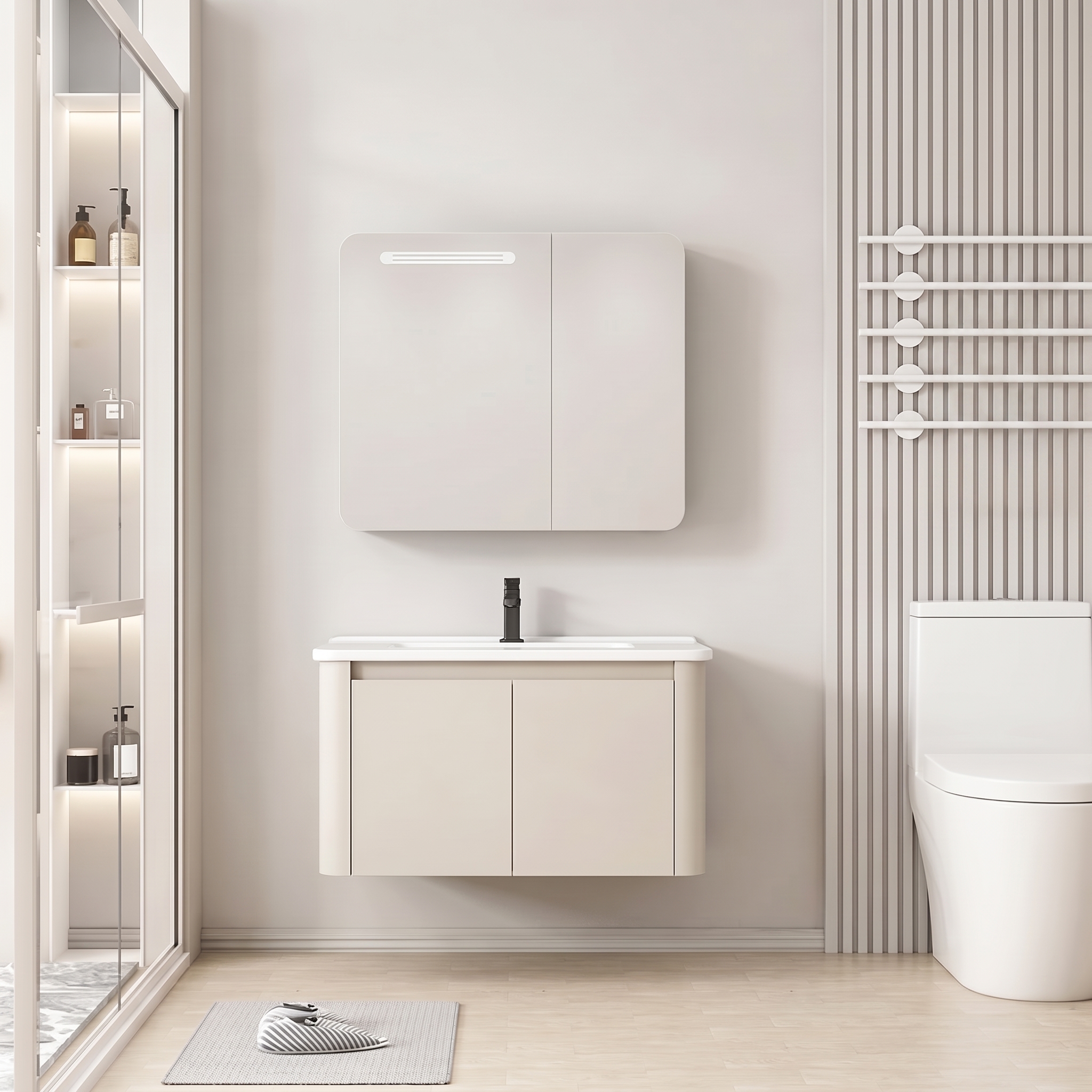 Pack Ensemble Meuble de Salle de Bain Suspendu aux Bords Arrondis avec Armoire de Toilette à Bandeau LED - 80 cm (Beige)