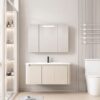 Pack Ensemble Meuble de Salle de Bain Familial Suspendu aux Bords Arrondis avec Grande Armoire de Toilette à Bandeau LED à Trois Portes - 90 cm (Beige)