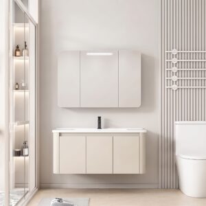 Ensemble Meuble de Salle de Bain Familial Suspendu aux Bords Arrondis avec Grande Armoire de Toilette à Bandeau LED à Trois Portes - 90 cm (Beige)