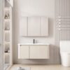 Pack Ensemble Meuble de Salle de Bain Familial Suspendu aux Bords Arrondis avec Grande Armoire de Toilette à Trois Portes - 100 cm (Beige)