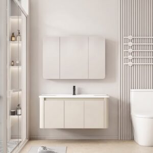 Ensemble Meuble de Salle de Bain Familial Suspendu aux Bords Arrondis avec Grande Armoire de Toilette à Trois Portes - 100 cm (Beige)