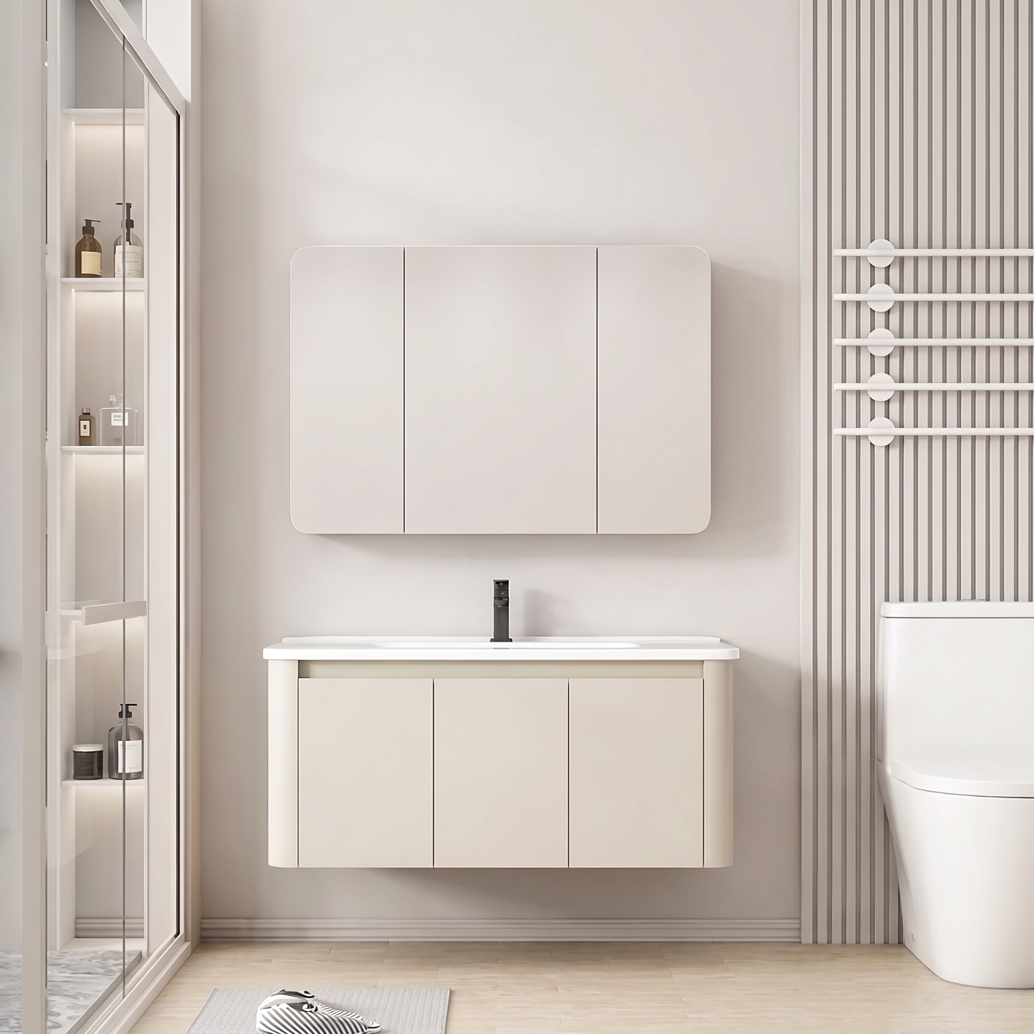 Pack Ensemble Meuble de Salle de Bain Familial Suspendu aux Bords Arrondis avec Grande Armoire de Toilette à Trois Portes - 90 cm (Beige)