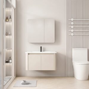 Ensemble Meuble de Salle de Bain Compact Suspendu aux Bords Arrondis avec Armoire de Toilette Miroir Double Porte - 60 cm (Beige)