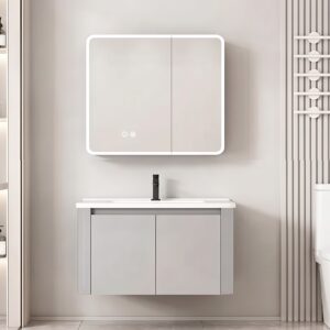 Ensemble Meuble de Salle de Bain Suspendu aux Bords Arrondis avec Armoire de Toilette Miroir LED Asymétrique - 80 cm (Gris Clair)
