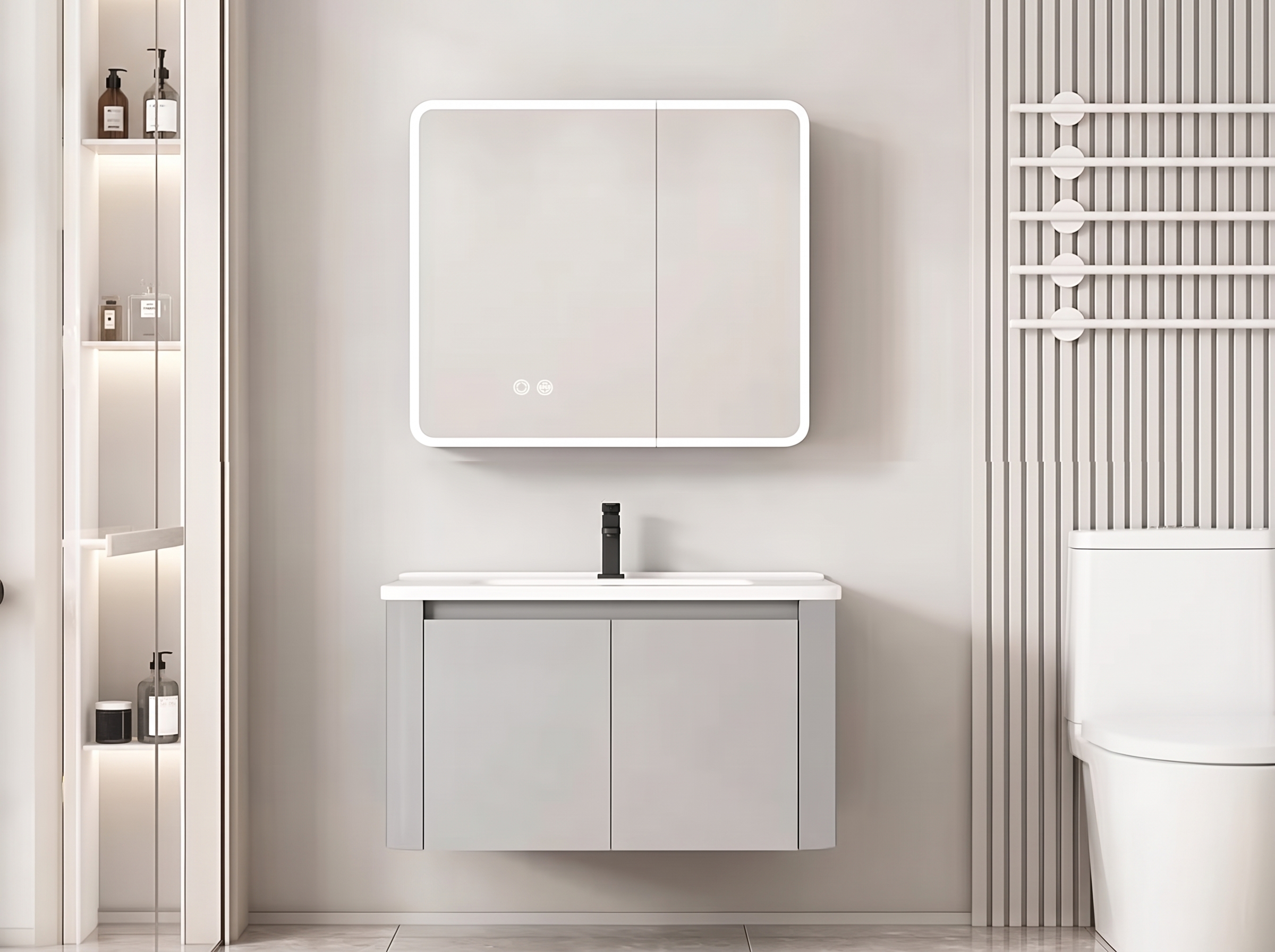 Pack Ensemble Meuble de Salle de Bain Suspendu aux Bords Arrondis avec Armoire de Toilette Miroir LED Asymétrique - 60 cm (Gris Clair)