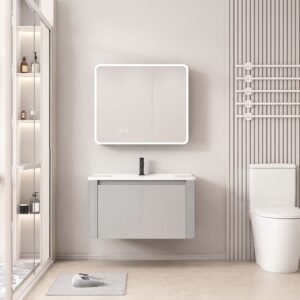 Ensemble Meuble de Salle de Bain Suspendu aux Bords Arrondis avec Armoire de Toilette Miroir LED Asymétrique - 70 cm (Gris Clair)