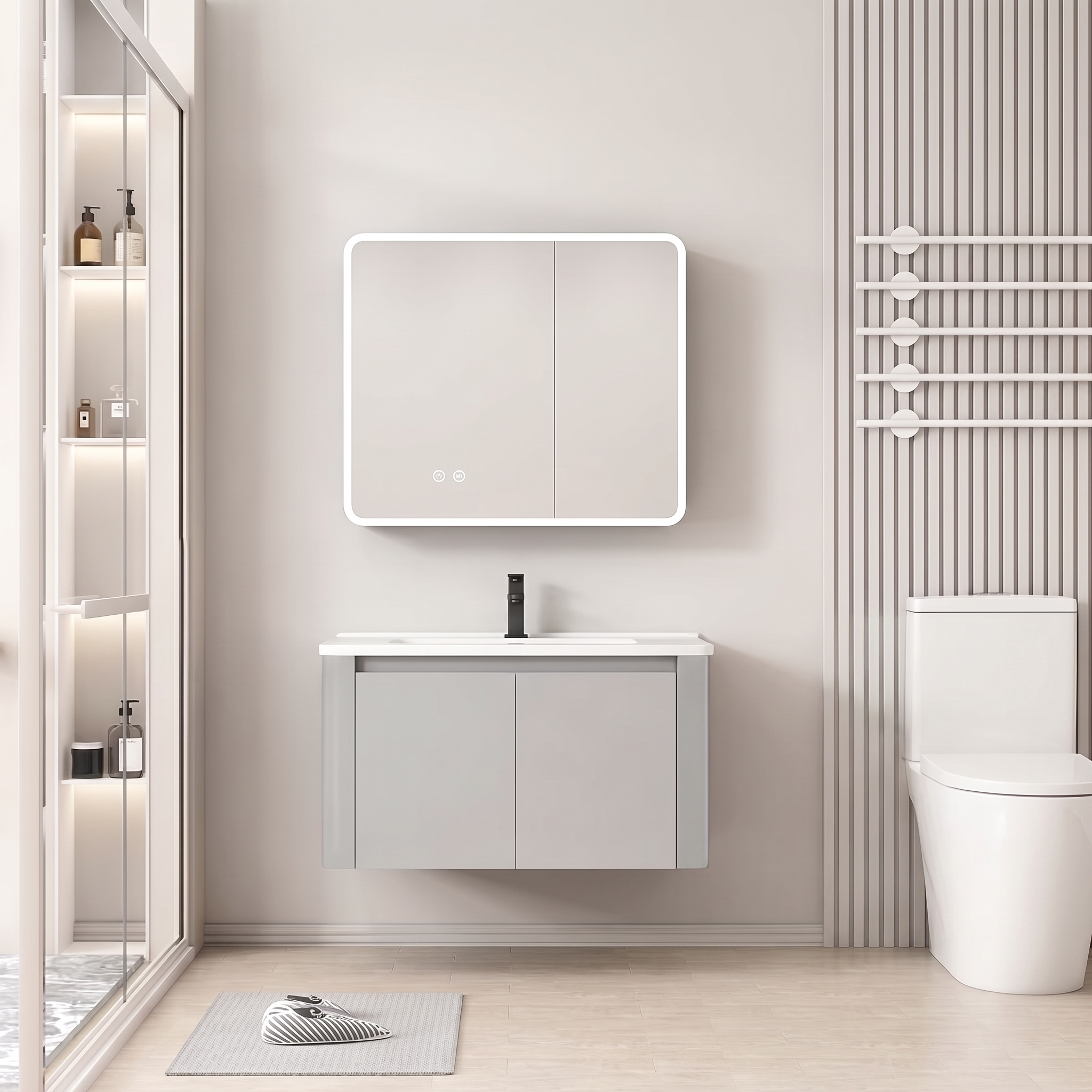 Pack Ensemble Meuble de Salle de Bain Suspendu aux Bords Arrondis avec Armoire de Toilette Miroir LED Asymétrique - 80 cm (Gris Clair)