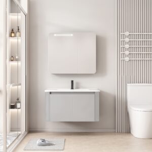 Ensemble Meuble de Salle de Bain Suspendu aux Bords Arrondis avec Armoire de Toilette à Bandeau LED - 70 cm (Gris Clair)