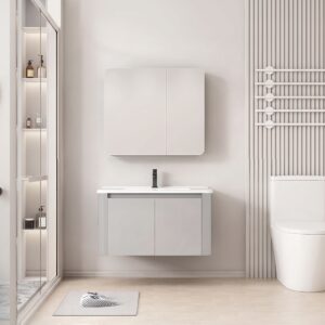 Ensemble Meuble de Salle de Bain Suspendu Compact aux Bords Arrondis avec Armoire de Toilette Miroir Double Porte - 60 cm (Gris Clair)