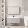 Pack Ensemble Meuble de Salle de Bain Familial Suspendu aux Bords Arrondis avec Grande Armoire de Toilette à Trois Portes - 100 cm (Gris Clair)