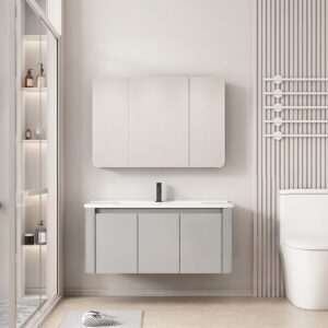 Ensemble Meuble de Salle de Bain Familial Suspendu aux Bords Arrondis avec Grande Armoire de Toilette à Trois Portes - 90 cm (Gris Clair)