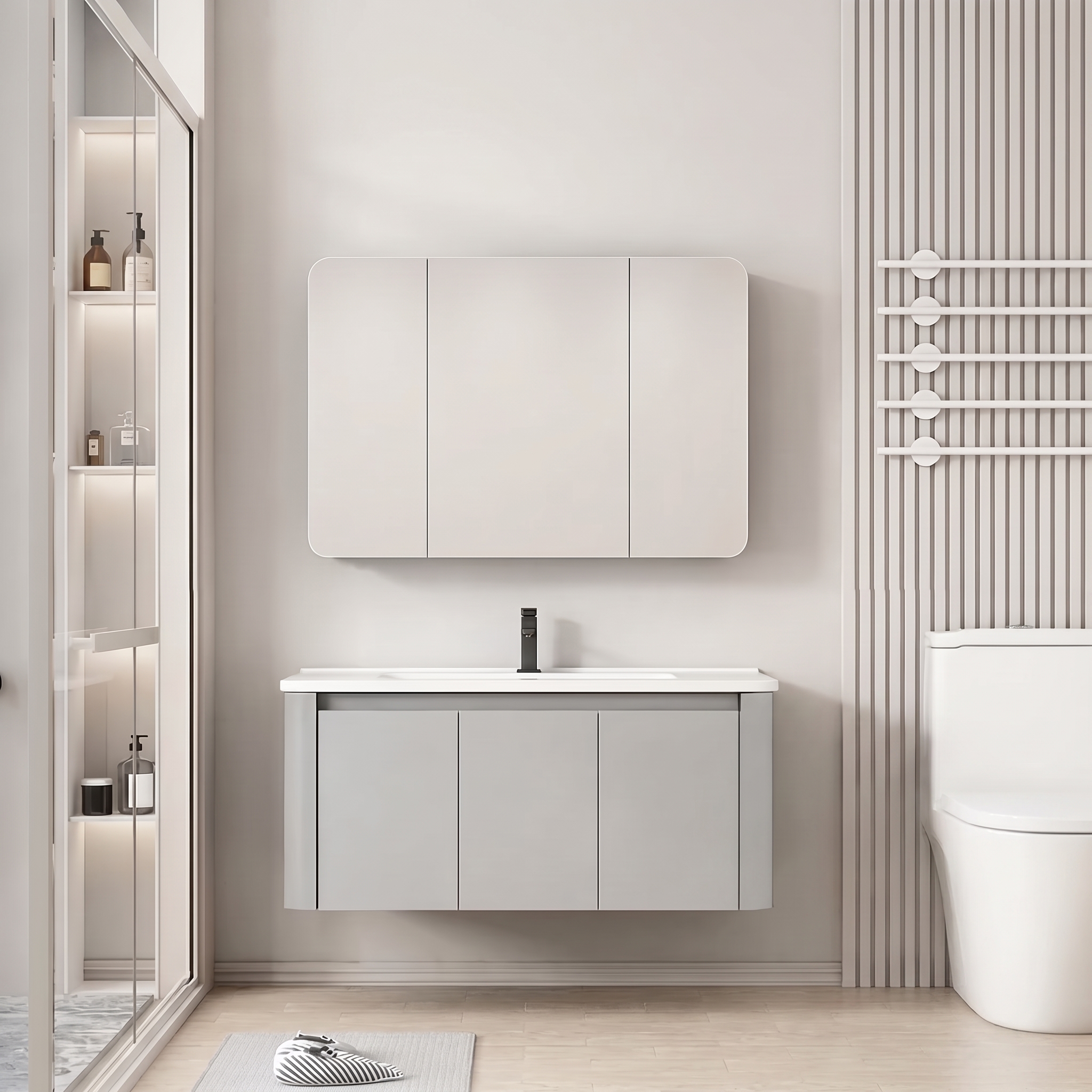 Pack Ensemble Meuble de Salle de Bain Familial Suspendu aux Bords Arrondis avec Grande Armoire de Toilette à Trois Portes - 90 cm (Gris Clair)