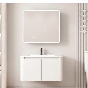 Ensemble Meuble de Salle de Bain Suspendu aux Bords Arrondis avec Armoire de Toilette Miroir LED Asymétrique - 80 cm (Blanc)