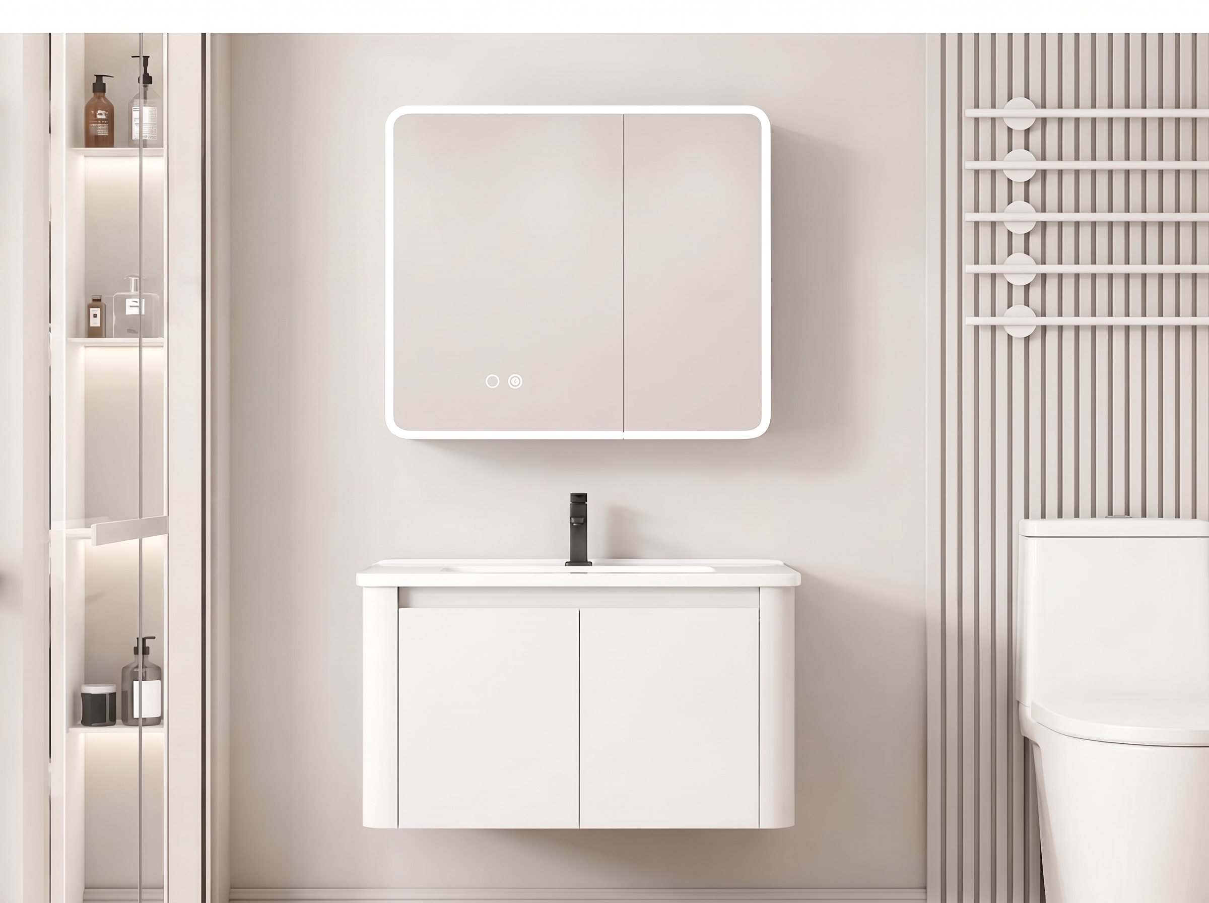 Pack Ensemble Meuble de Salle de Bain Suspendu aux Bords Arrondis avec Armoire de Toilette Miroir LED Asymétrique - 80 cm (Blanc)