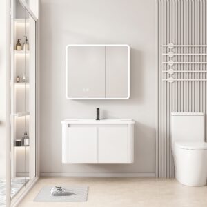 Ensemble Meuble de Salle de Bain Suspendu aux Bords Arrondis avec Armoire de Toilette Miroir LED Asymétrique - 80 cm (Blanc)