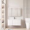 Pack Ensemble Meuble de Salle de Bain Familial Suspendu aux Bords Arrondis avec Grande Armoire de Toilette Miroir LED à Trois Portes - 90 cm (Blanc)