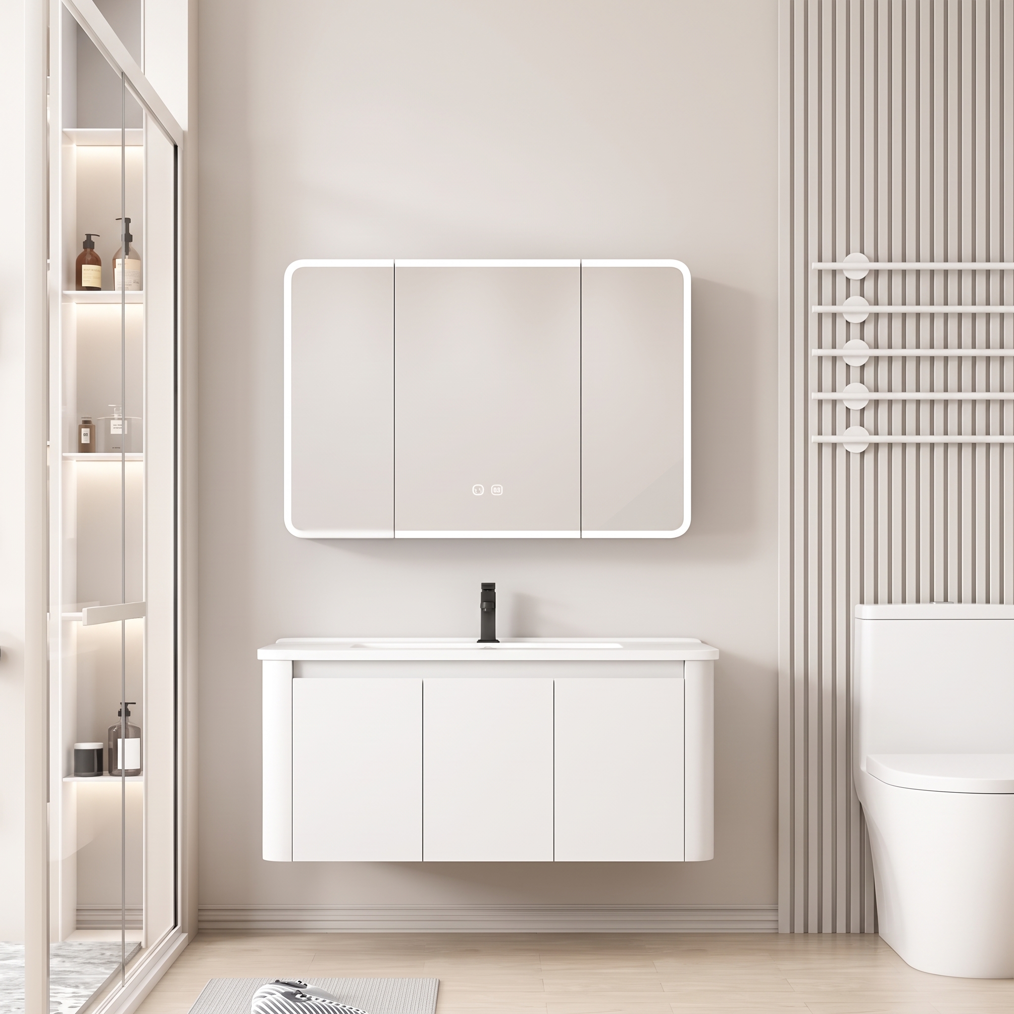 Pack Ensemble Meuble de Salle de Bain Familial Suspendu aux Bords Arrondis avec Grande Armoire de Toilette Miroir LED à Trois Portes - 90 cm (Blanc)