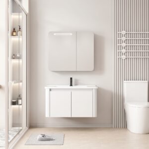 Ensemble Meuble de Salle de Bain Suspendu aux Bords Arrondis avec Armoire de Toilette à Bandeau LED - 80 cm (Blanc)