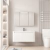 Pack Ensemble Meuble de Salle de Bain Familial Suspendu aux Bords Arrondis avec Grande Armoire de Toilette à Bandeau LED à Trois Portes - 90 cm (Blanc)