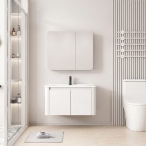 Ensemble Meuble de Salle de Bain Suspendu aux Bords Arrondis avec Armoire de Toilette Miroir Double Porte - 80 cm (Blanc)