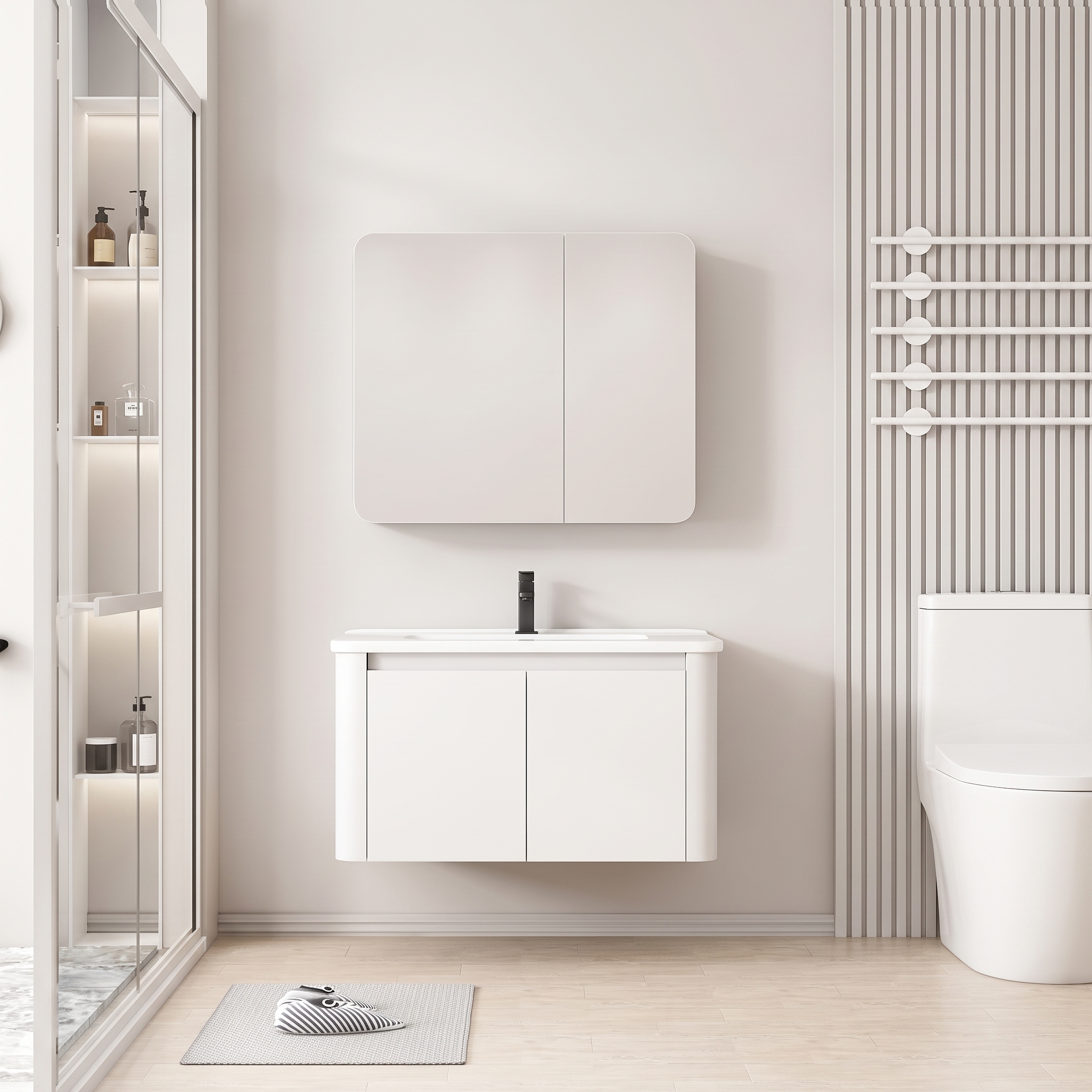 Pack Ensemble Meuble de Salle de Bain Suspendu aux Bords Arrondis avec Armoire de Toilette Miroir Double Porte - 80 cm (Blanc)