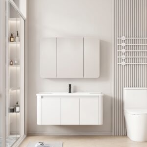 Ensemble Meuble de Salle de Bain Suspendu aux Bords Arrondis avec Armoire de Toilette Miroir à Trois Portes - 90 cm (Blanc)