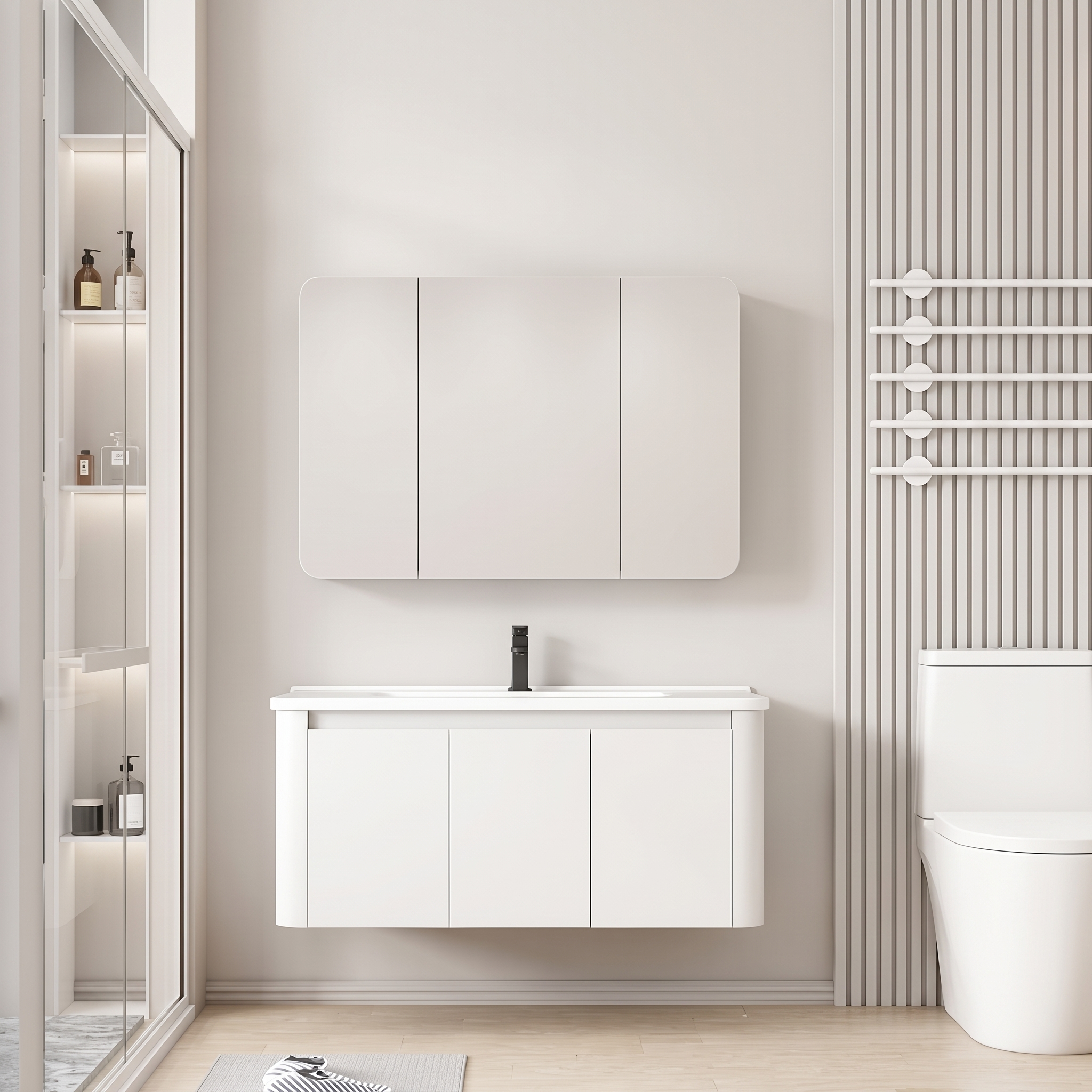 Pack Ensemble Meuble de Salle de Bain Suspendu aux Bords Arrondis avec Armoire de Toilette Miroir à Trois Portes - 90 cm (Blanc)