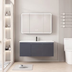 Ensemble Meuble de Salle de Bain Familial Suspendu aux Bords Arrondis avec Grande Armoire de Toilette Miroir LED à Trois Portes - 100 cm (Gris Foncé)