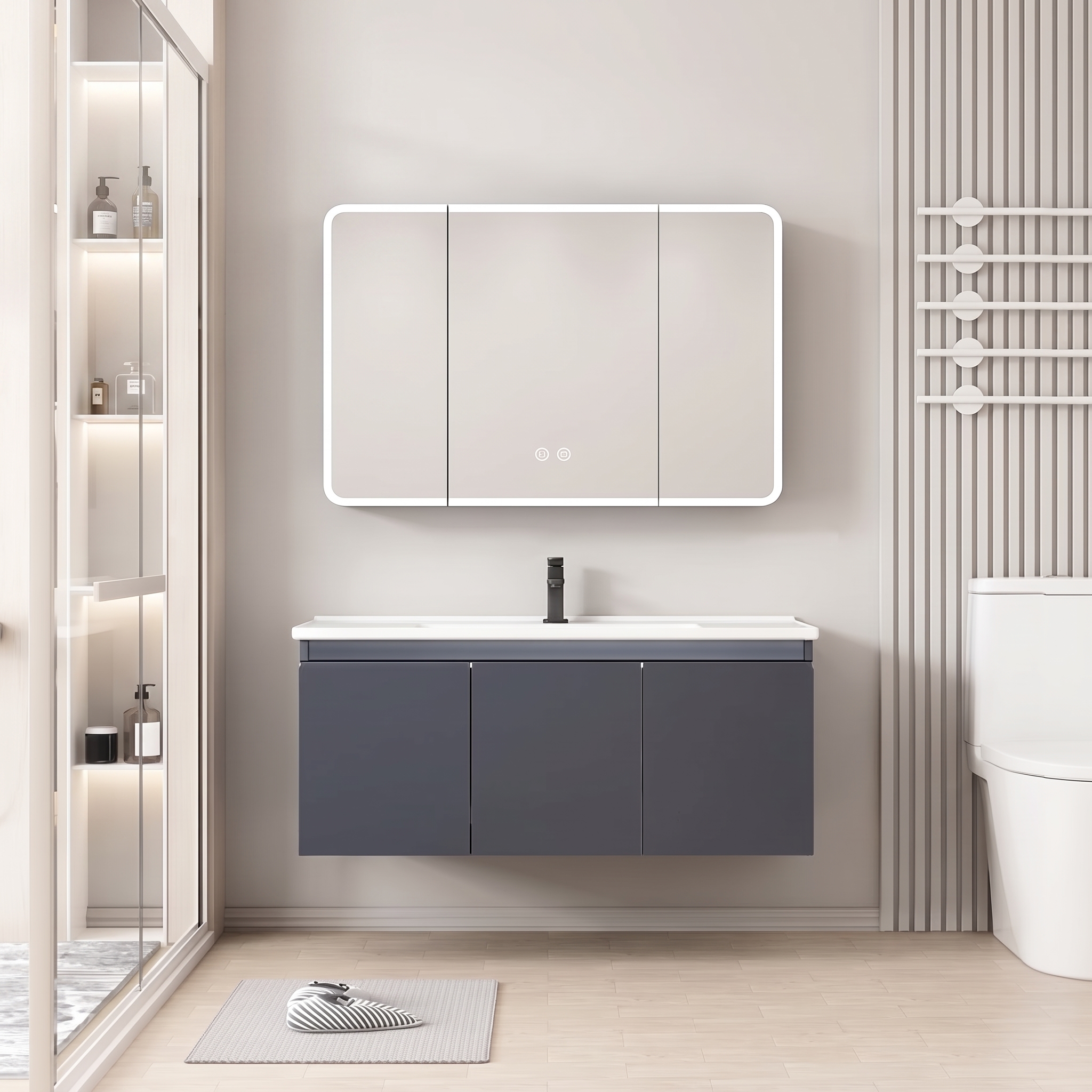 Pack Ensemble Meuble de Salle de Bain Familial Suspendu aux Bords Arrondis avec Grande Armoire de Toilette Miroir LED à Trois Portes - 100 cm (Gris Foncé)